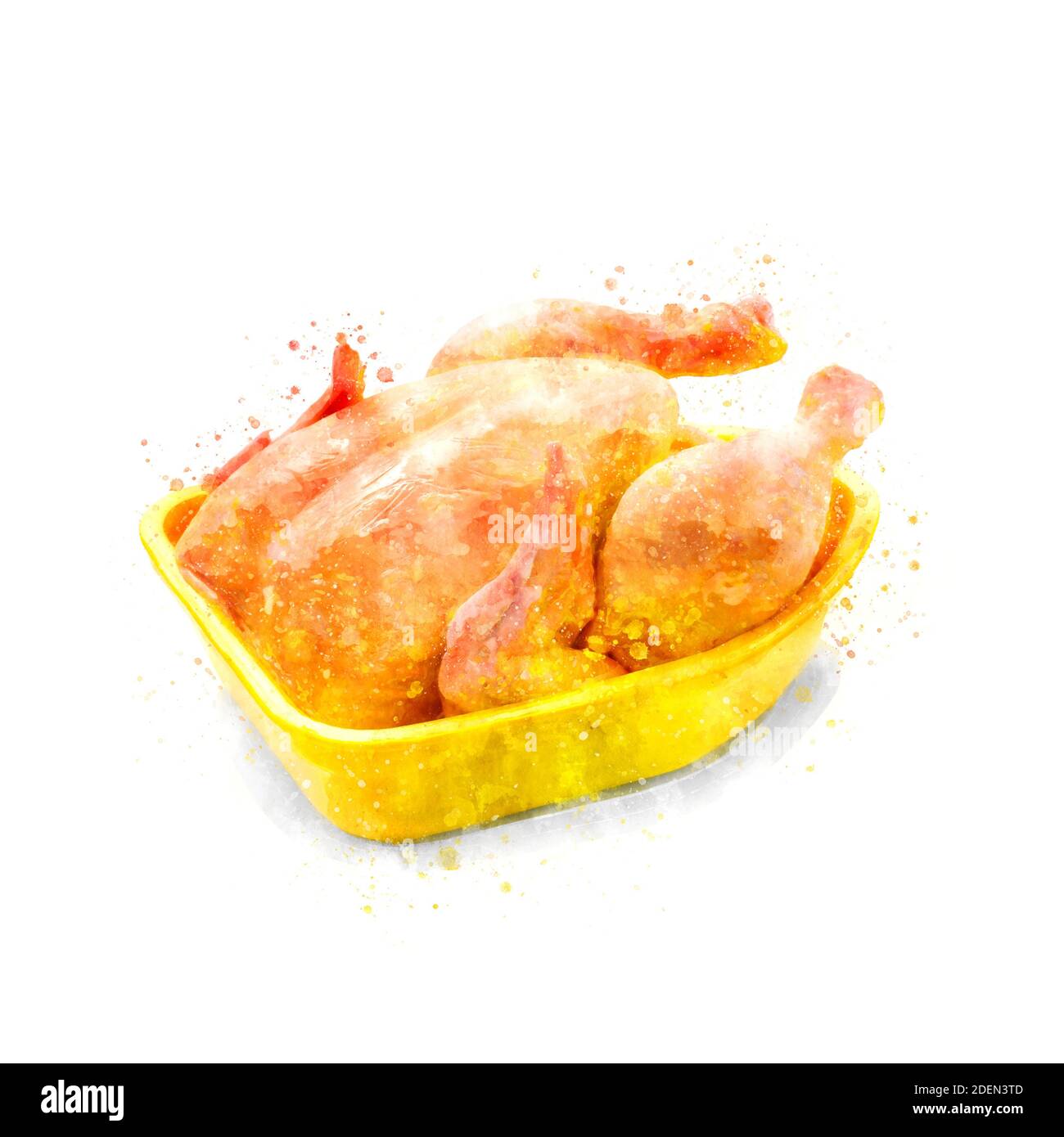 Corn-fed chicken in yellow packaging tray as watercolor illustration Stock Photo