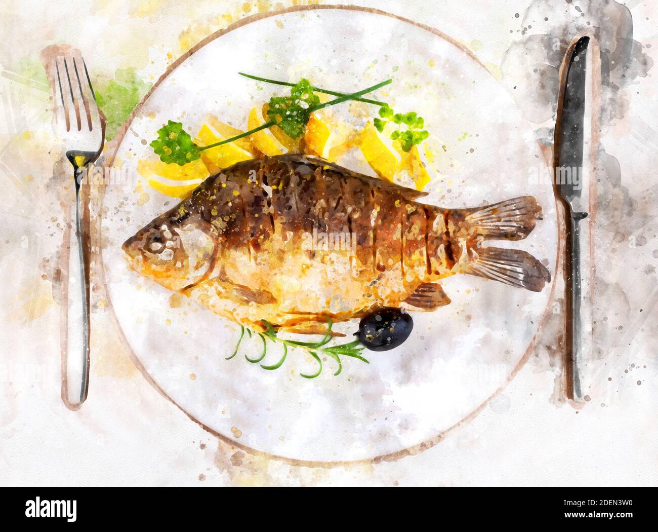 Fried fish on white plate with fork and knife, illustration Stock Photo