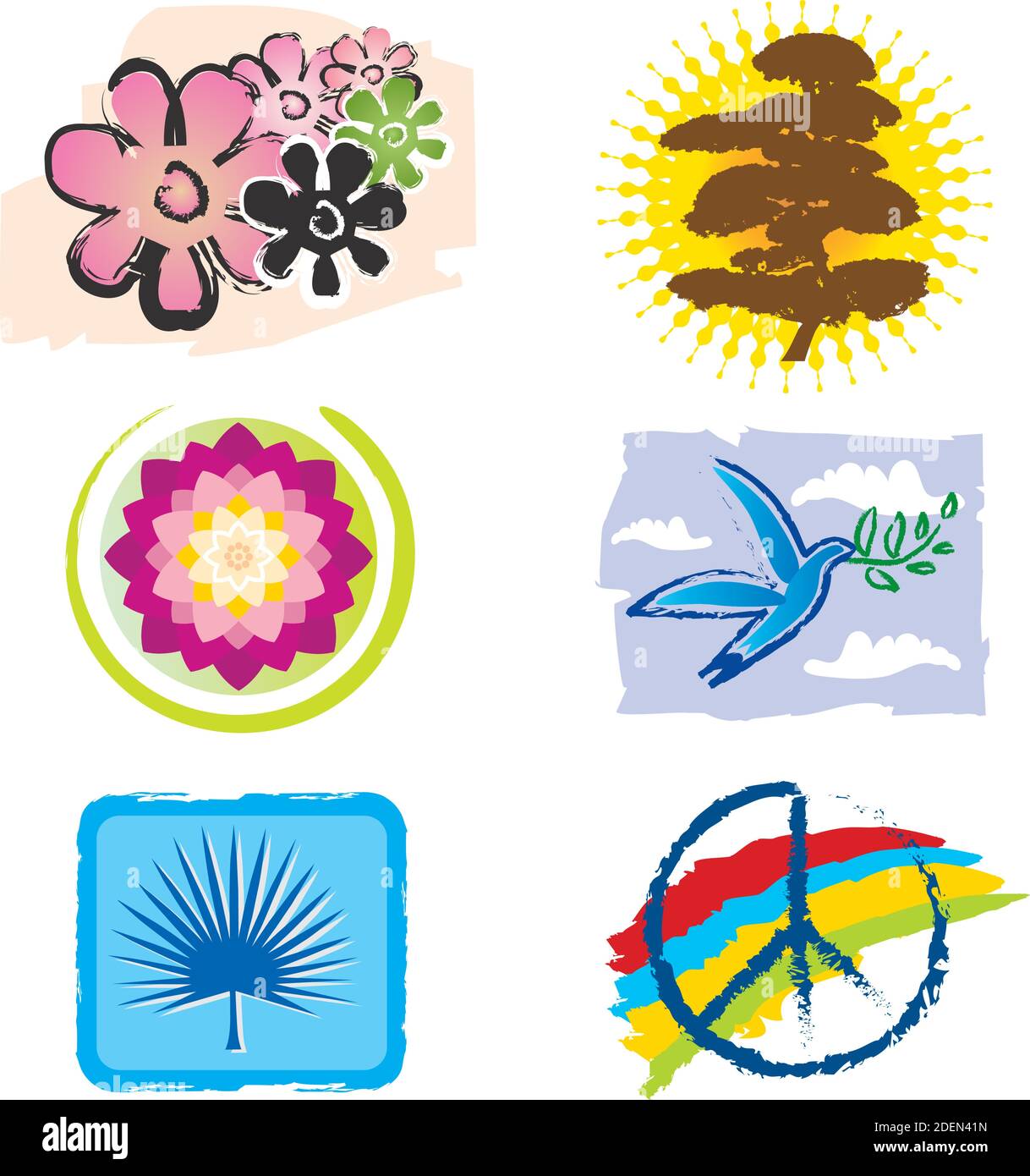 Set of Icons for Logo Design - Nature, Lotus Flower and Peace Signs, Rainbow Colors Stock Vector
