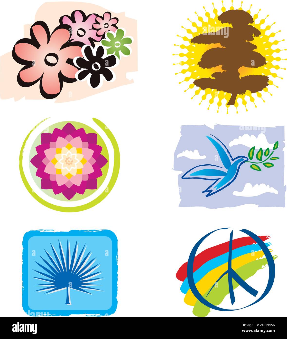 Set of Icons for Logo Design - Nature, Lotus Flower and Peace Signs, Rainbow Colors Stock Vector