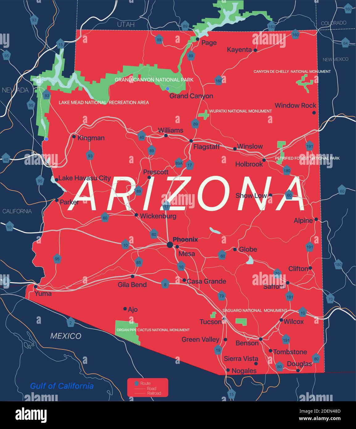 Arizona state detailed editable map with with cities and towns, geographic sites, roads, railways, interstates and U.S. highways. Vector EPS-10 file, Stock Vector