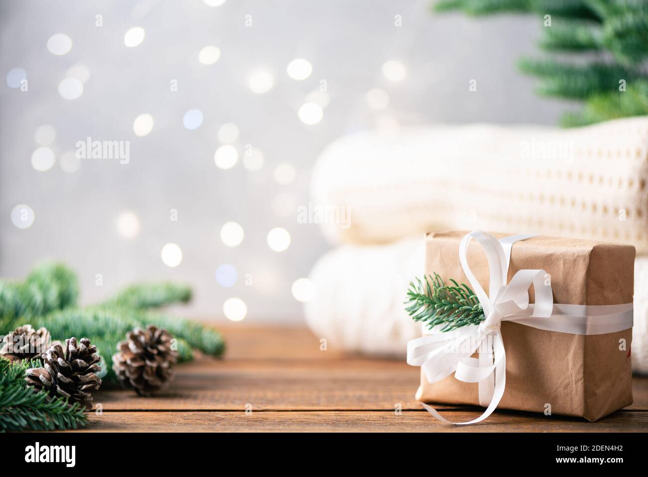 Christmas background with Christmas tree, lights, presents. Copy space Stock Photo