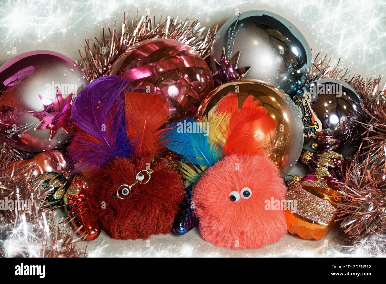 Photo furry friends, furry, fluffy, shaggy,Christmas,Christmas toys, Christmas balls Stock Photo