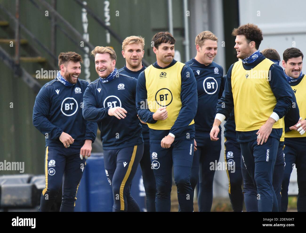 Oriam Sports Centre Riccarton, Edinburgh. Scotland, UK. , . Scotland Rugby team training session for Autumn Nations Cup match away to Ireland Scotland .Happy Happy . L/r Ali Price, Stuart Hogg (Captain), Chris Harris, Sean Maitland, Duhan Van Der Merwe, & Duncan Taylor Credit: eric mccowat/Alamy Live News Stock Photo