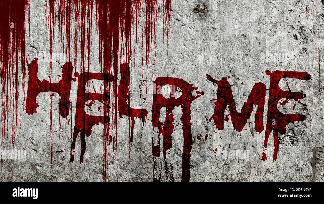 An illustration of the phrase "HELP ME" written on the wall in a bloody  design- the concept of bloody death, Halloween Stock Photo - Alamy