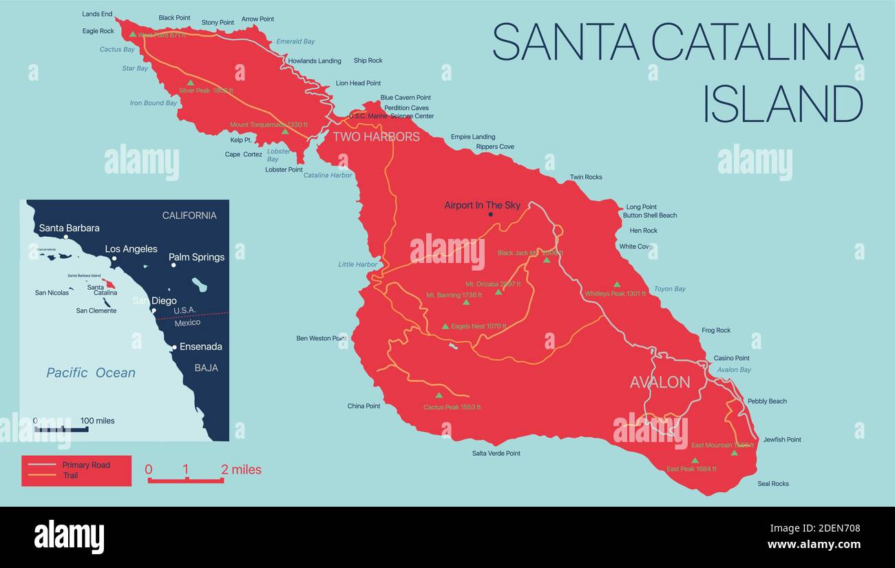 Vector detailed map of Santa Catalina Island, California, USA. Editable