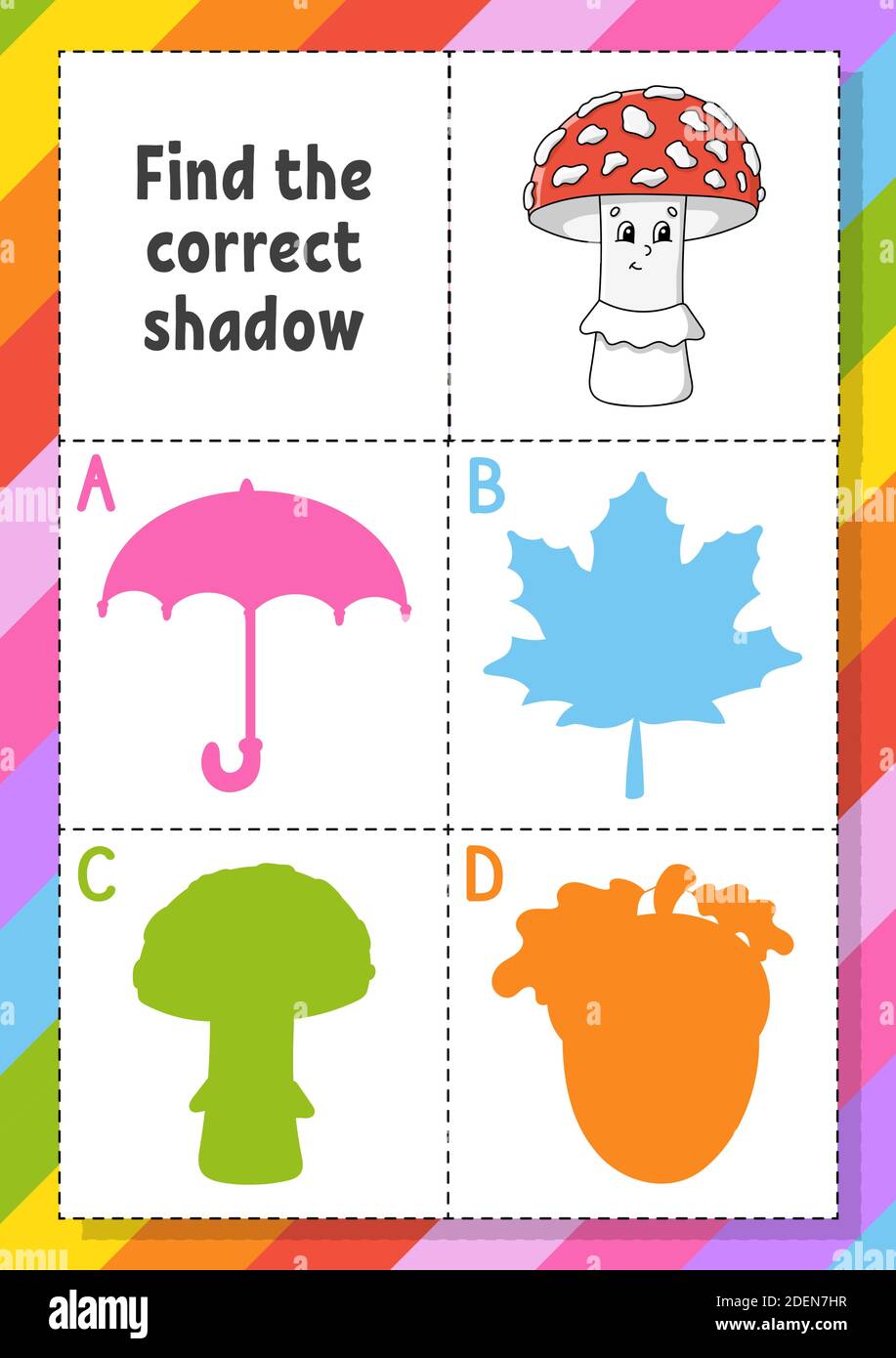 find the correct shadow education developing worksheet for kids puzzle game activity page cartoon character autumn theme stock vector image art alamy