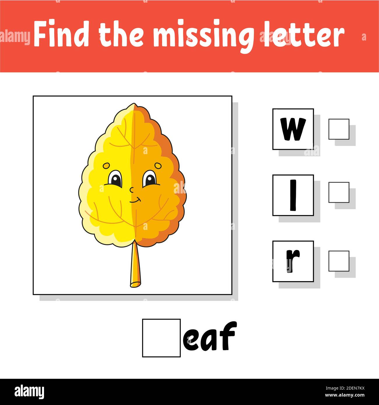 Find the missing letter. Education developing worksheet for kids. Activity page. Cartoon character. Autumn theme. Stock Vector