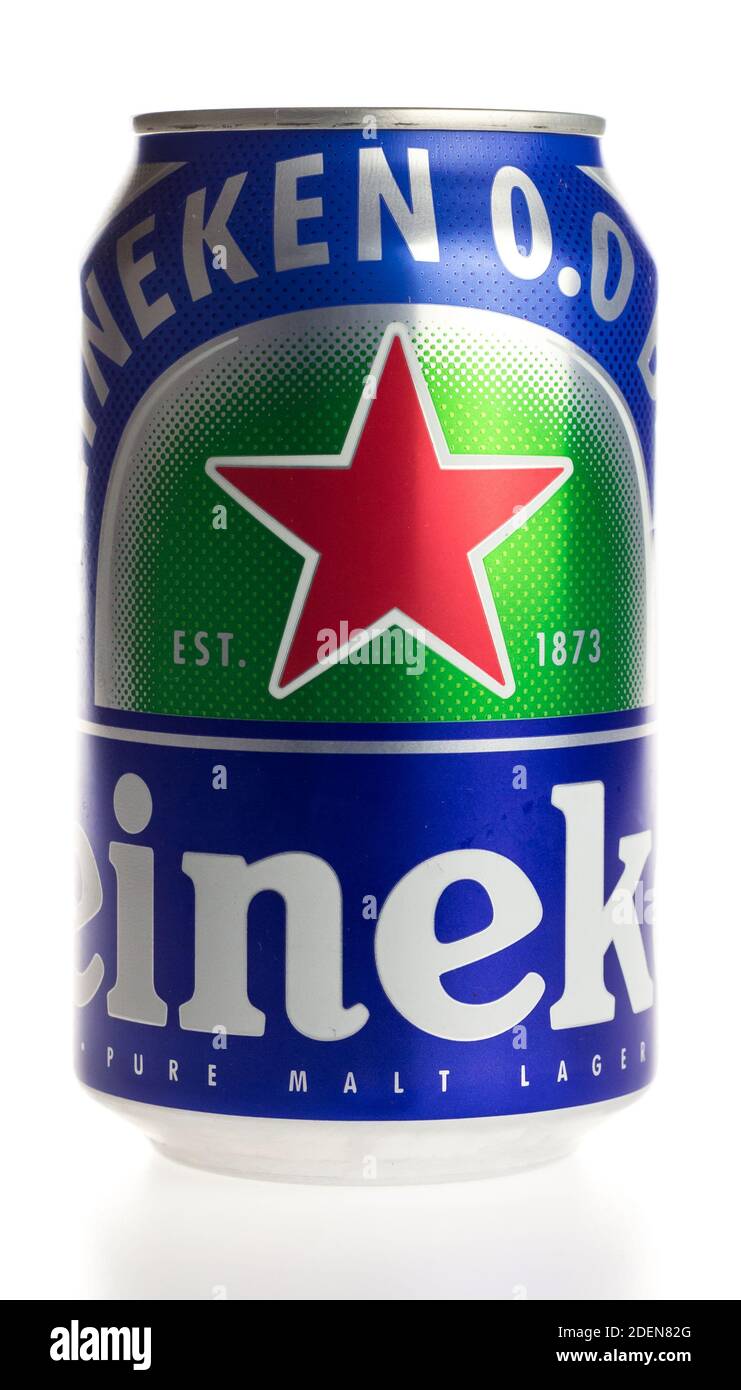 Can of Heineken non alcoholic lager beer isolated on a white background