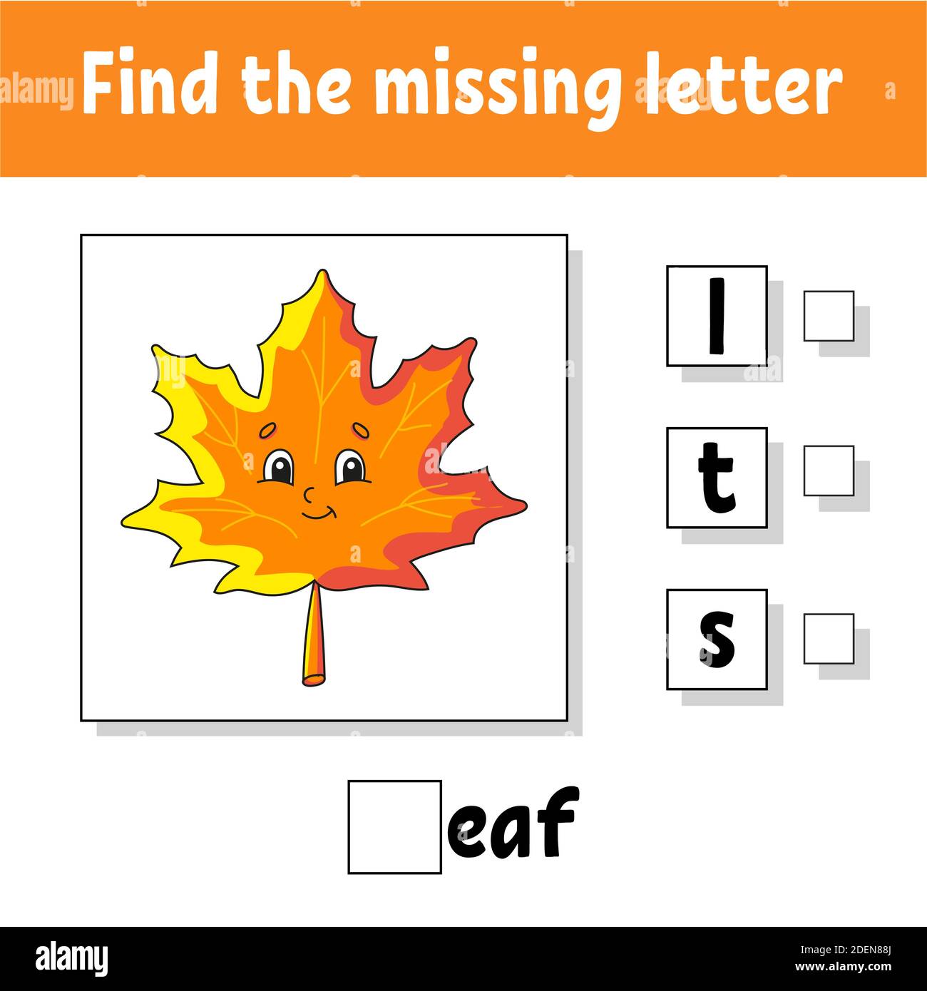 Find the missing letter. Education developing worksheet for kids. Activity page. Cartoon character. Autumn theme. Stock Vector
