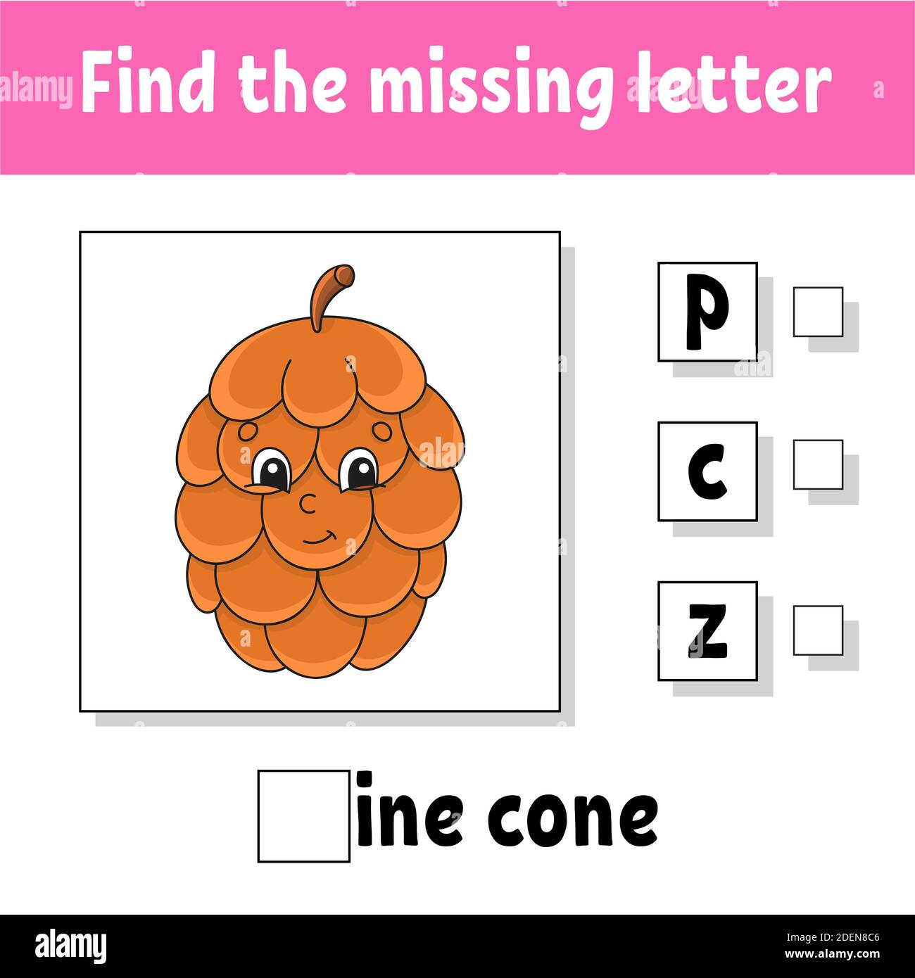 Find the missing letter. Education developing worksheet for kids. Activity page. Cartoon character. Autumn theme. Stock Vector