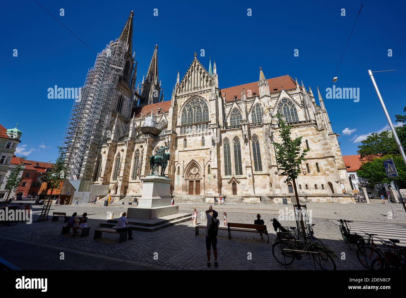 Exterior shot of St. Peter's Cathedral with scaffolding, Regensburg , Bavaria, Germany Stock Photo