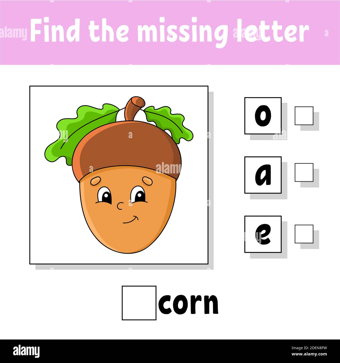 Find the missing letter. Education developing worksheet for kids. Activity page. Cartoon character. Autumn theme. Stock Vector