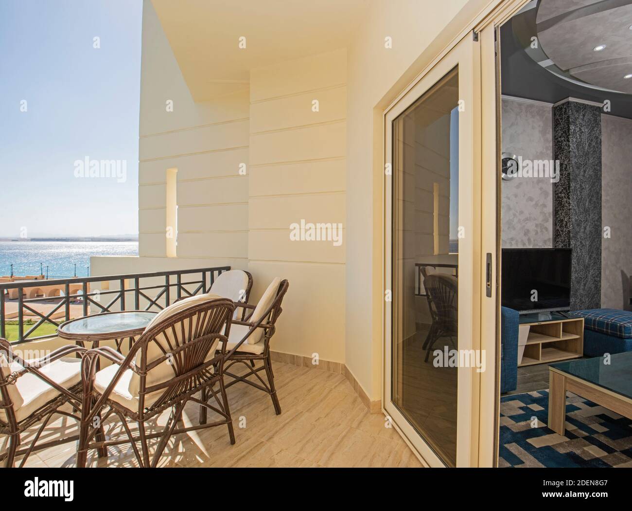 Terrace furniture of a luxury apartment in tropical resort with ...