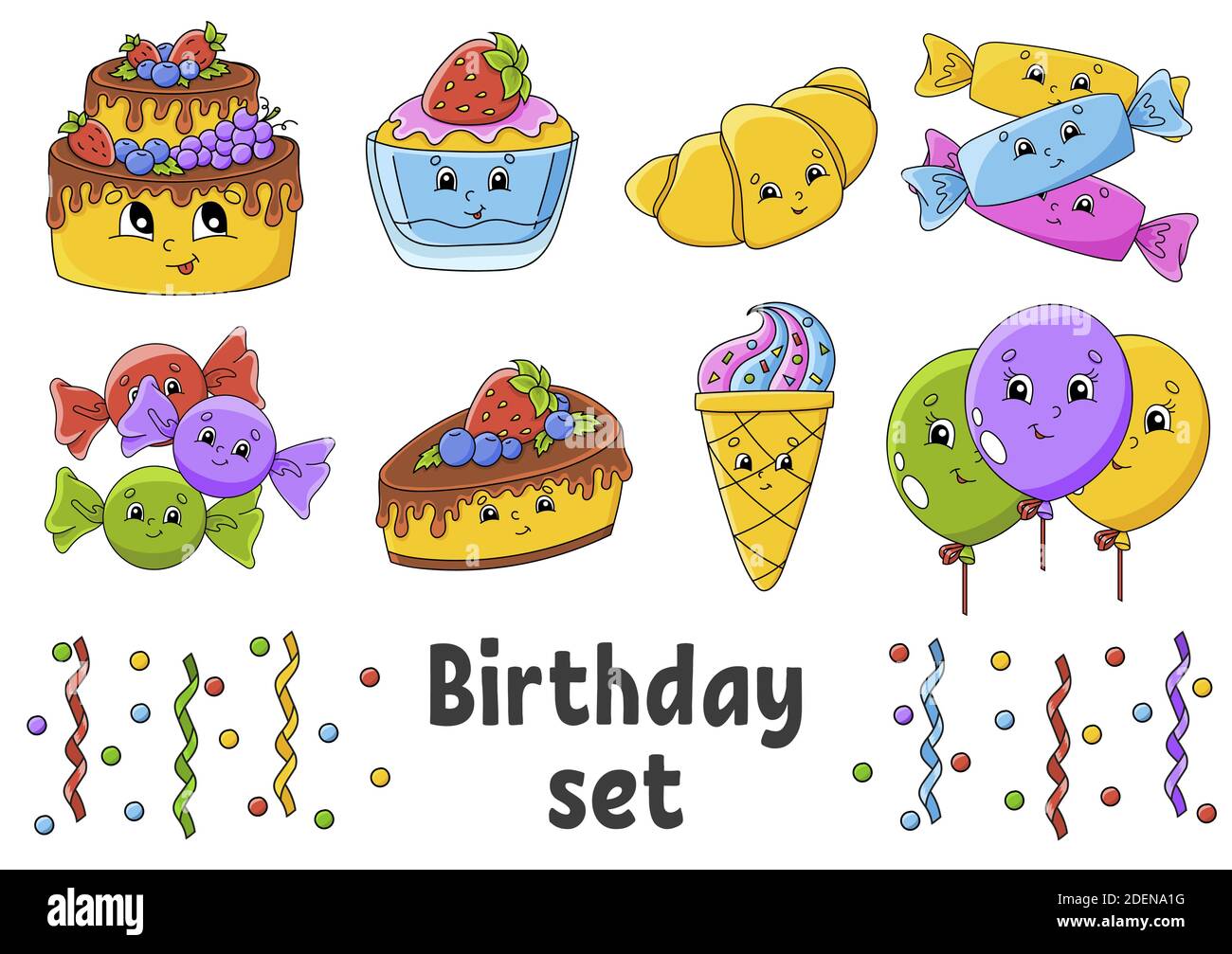 Set of stickers with cute cartoon characters. Happy birthday theme. Hand drawn. Colorful pack. Vector illustration. Patch badges collection. Label des Stock Vector