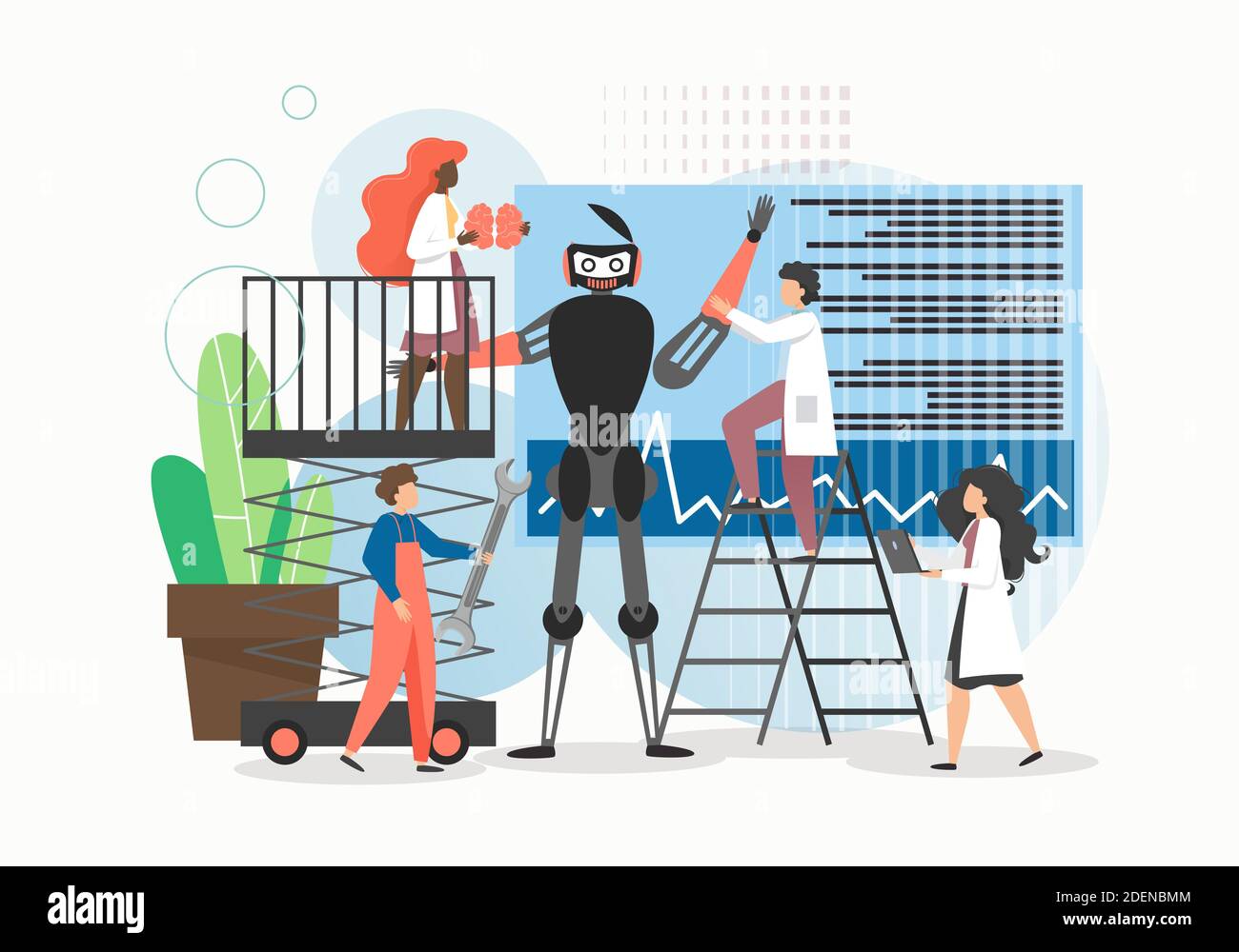 Engineers cartoon characters creating robot in tech robotics laboratory, flat vector illustration. Robotics science. Stock Vector