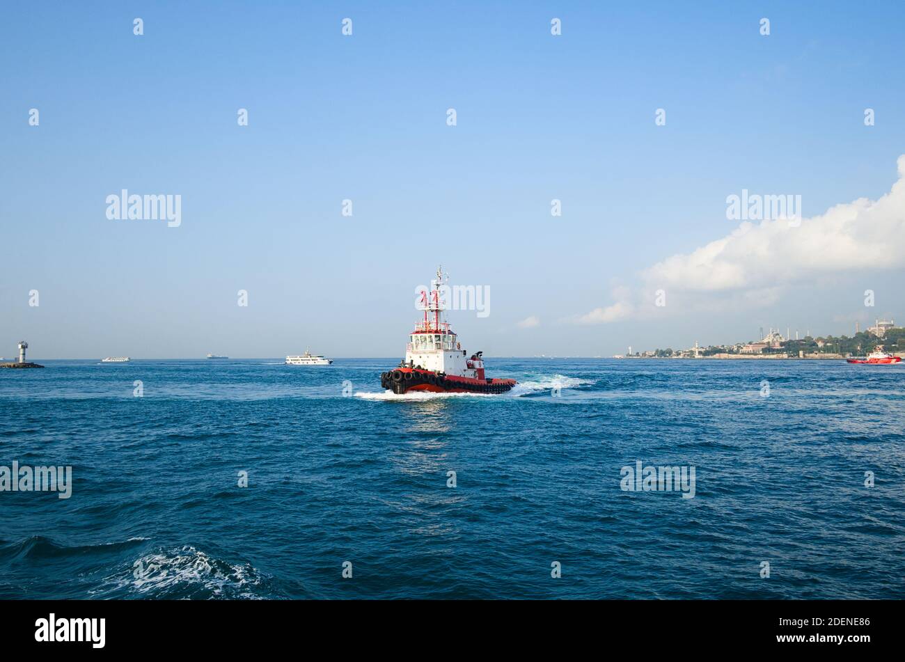 Tug boat in the Bosphorus in harbor, Istanbul city, Turkey Stock Photo ...