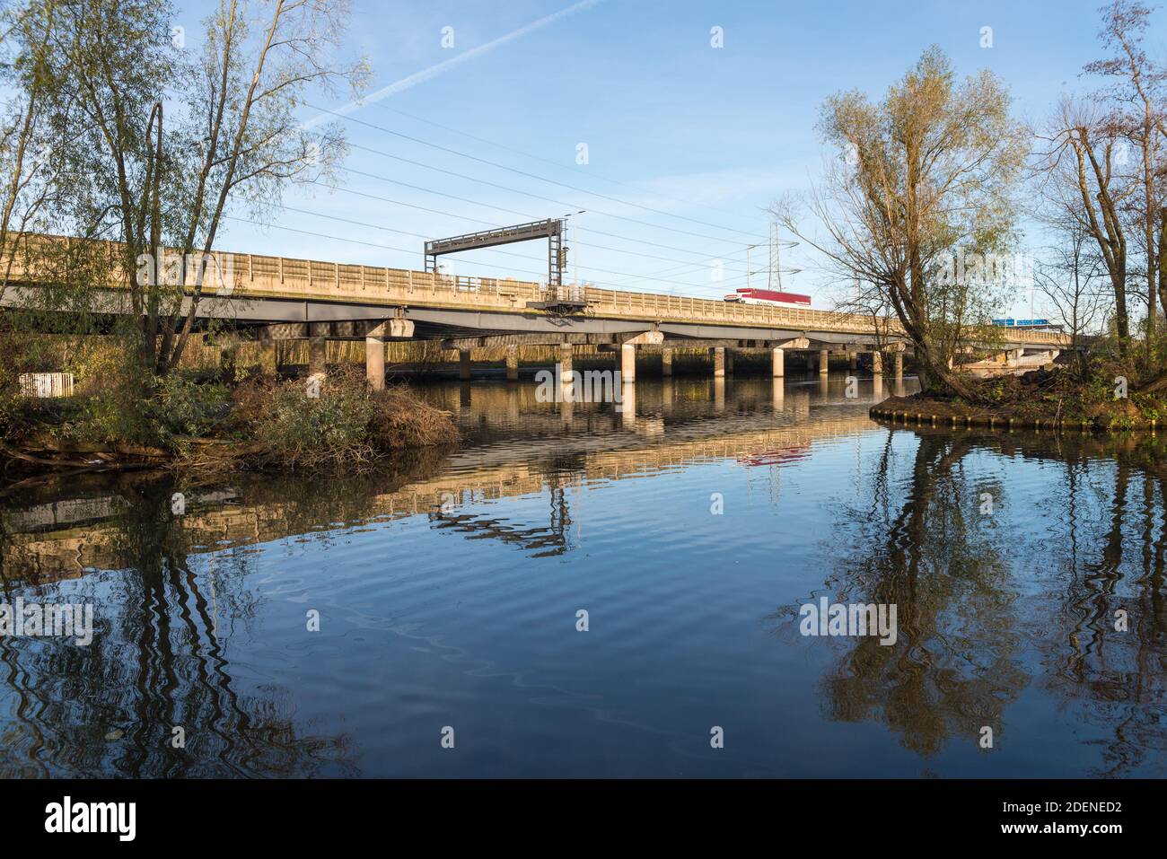 Titford Pool under the M5 motorway in Oldbury,West Midlands was constructed in 1773 by James Brindley to feed the Old Main Line Birmingham Canal Stock Photo