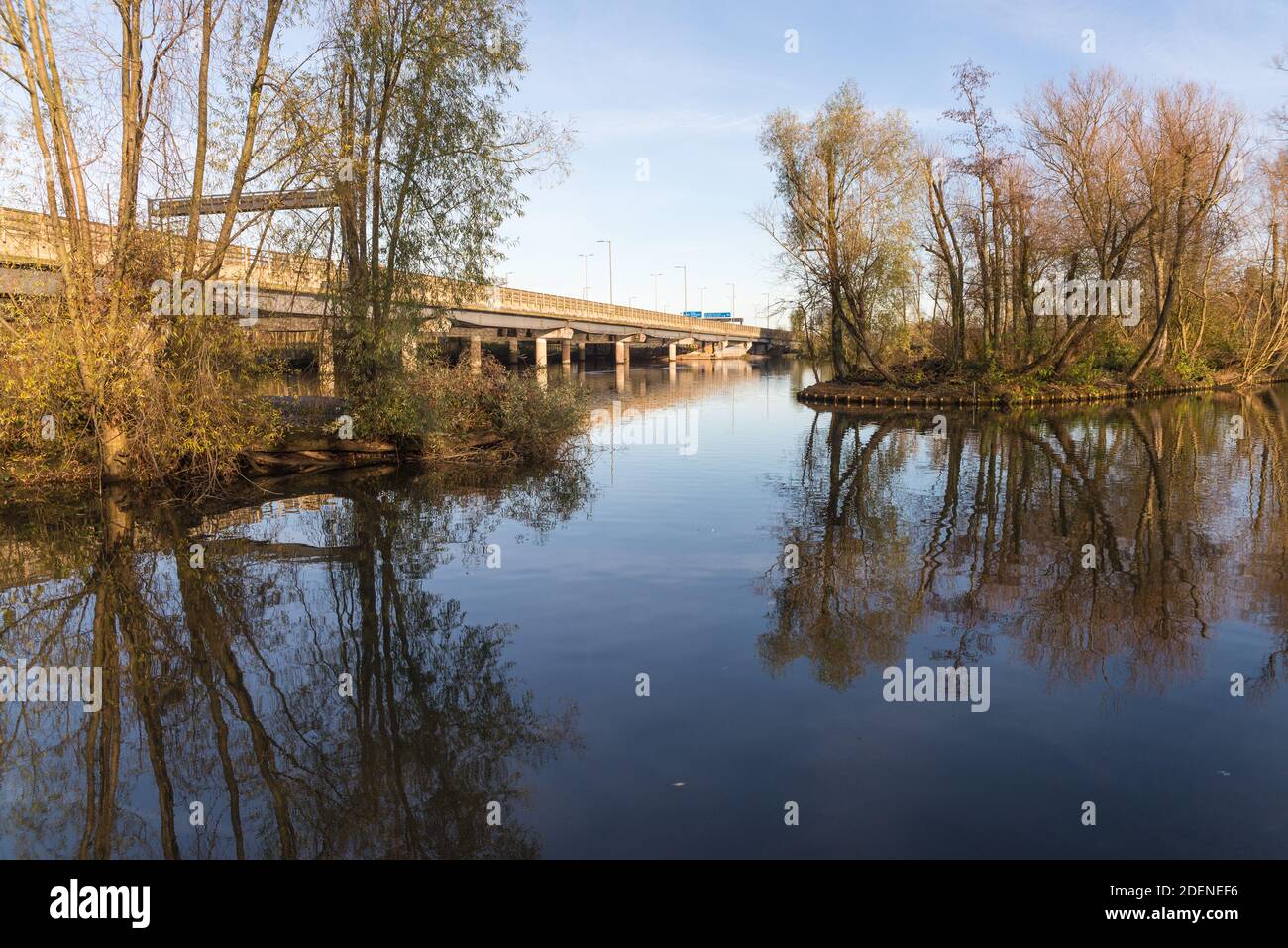 Titford Pool under the M5 motorway in Oldbury,West Midlands was constructed in 1773 by James Brindley to feed the Old Main Line Birmingham Canal Stock Photo