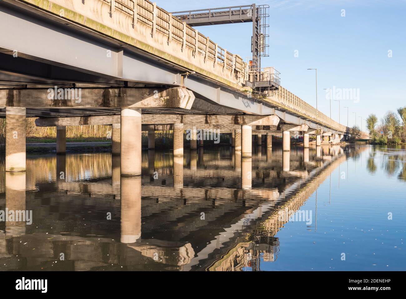 Titford Pool under the M5 motorway in Oldbury,West Midlands was constructed in 1773 by James Brindley to feed the Old Main Line Birmingham Canal Stock Photo