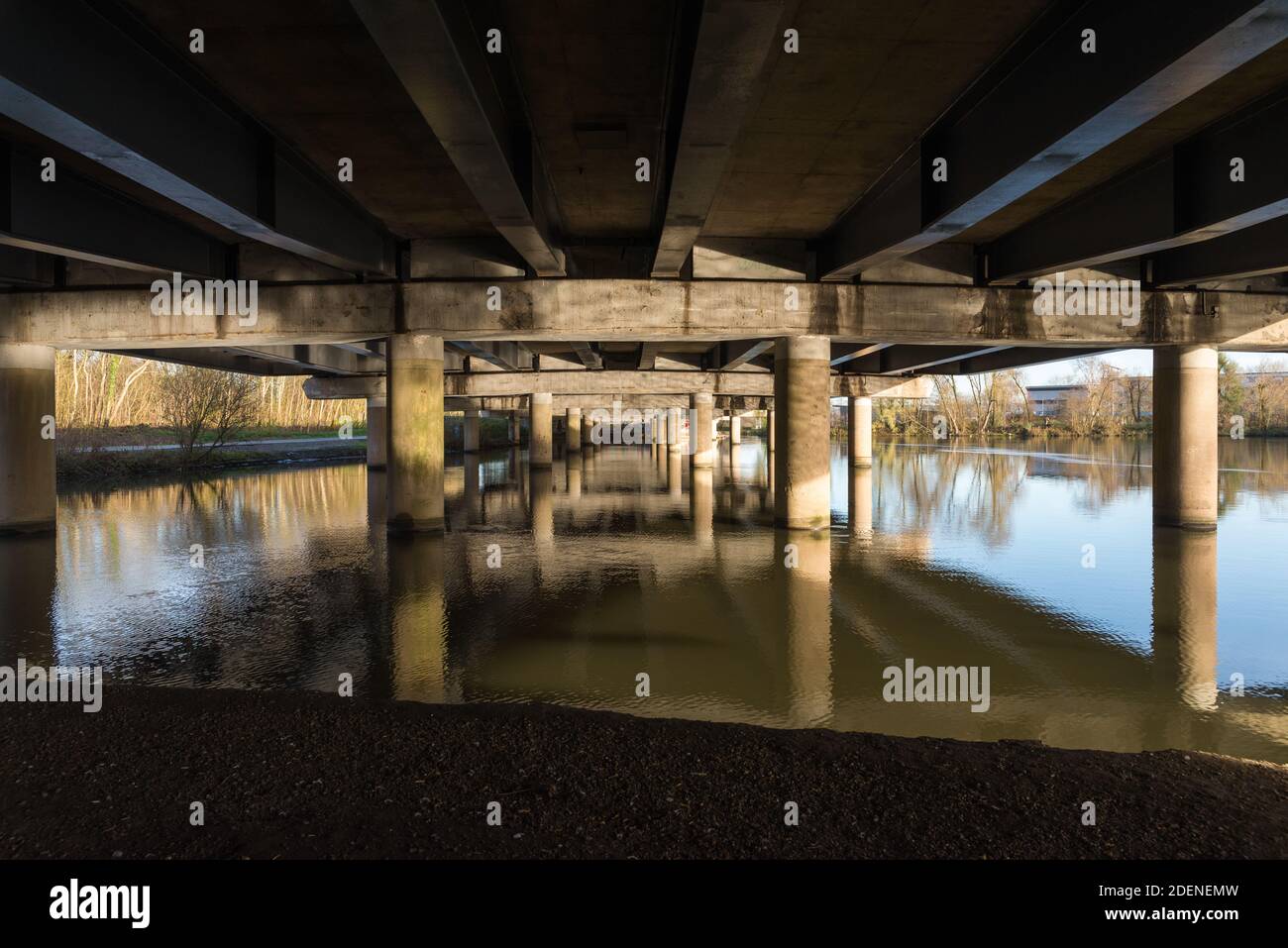 Titford Pool under the M5 motorway in Oldbury,West Midlands was constructed in 1773 by James Brindley to feed the Old Main Line Birmingham Canal Stock Photo