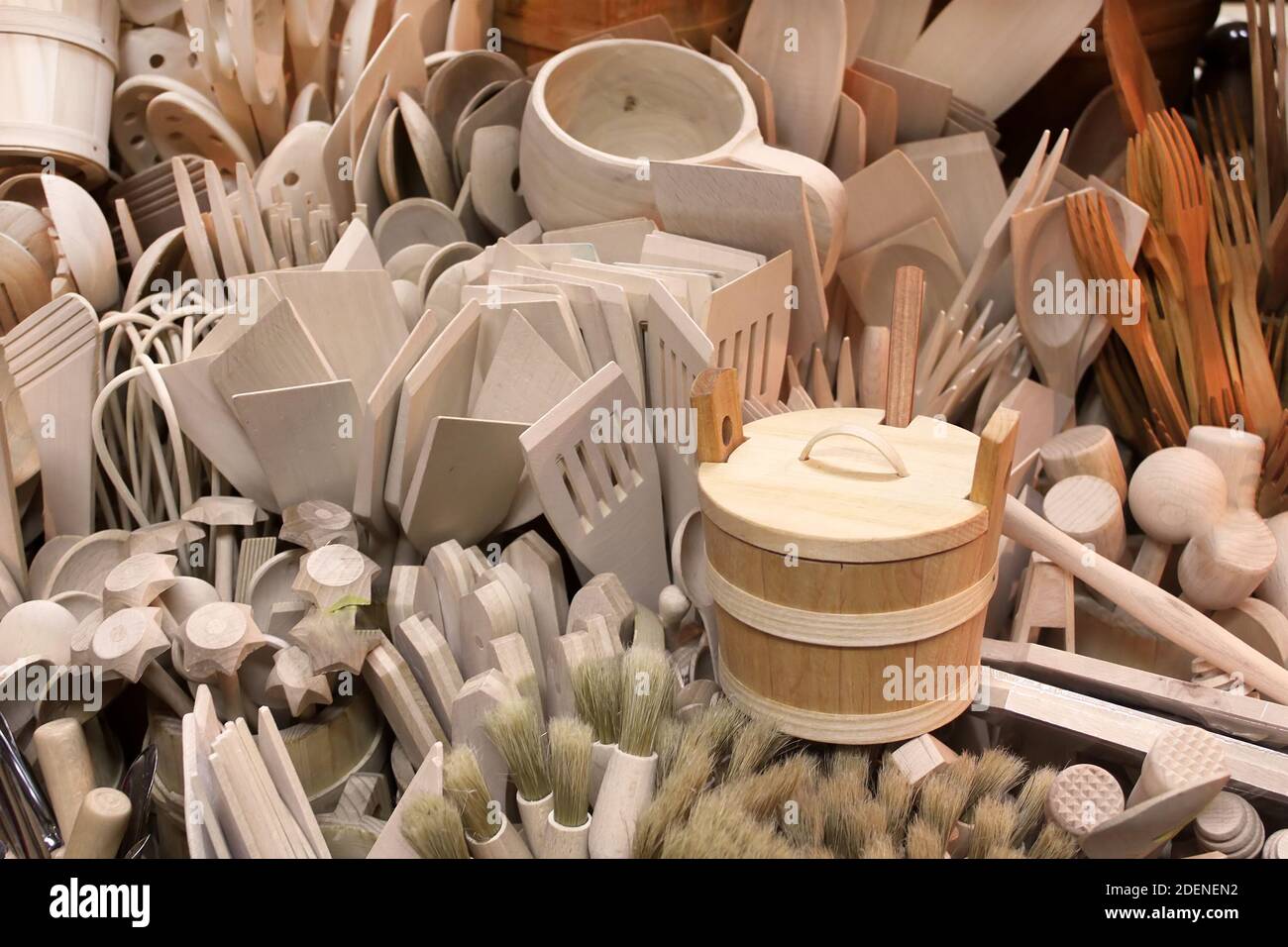 Carved cups, spoons, forks and other utensils of wood on the market, Zakopane, Poland Stock