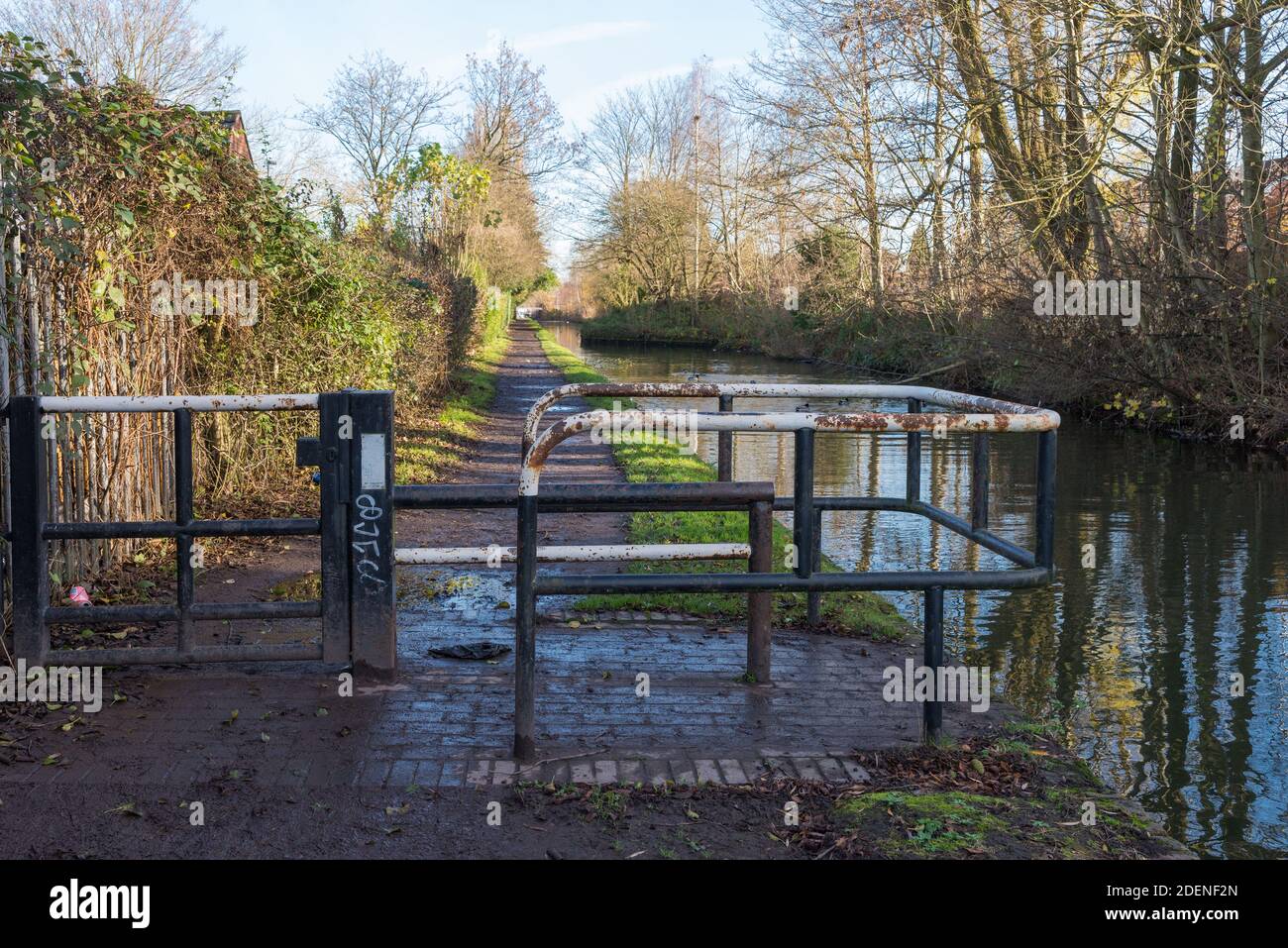 MCB or Motor Cycle Barrier on a canal towpath to prevent motor cycles being ridden along canal towpaths Stock Photo