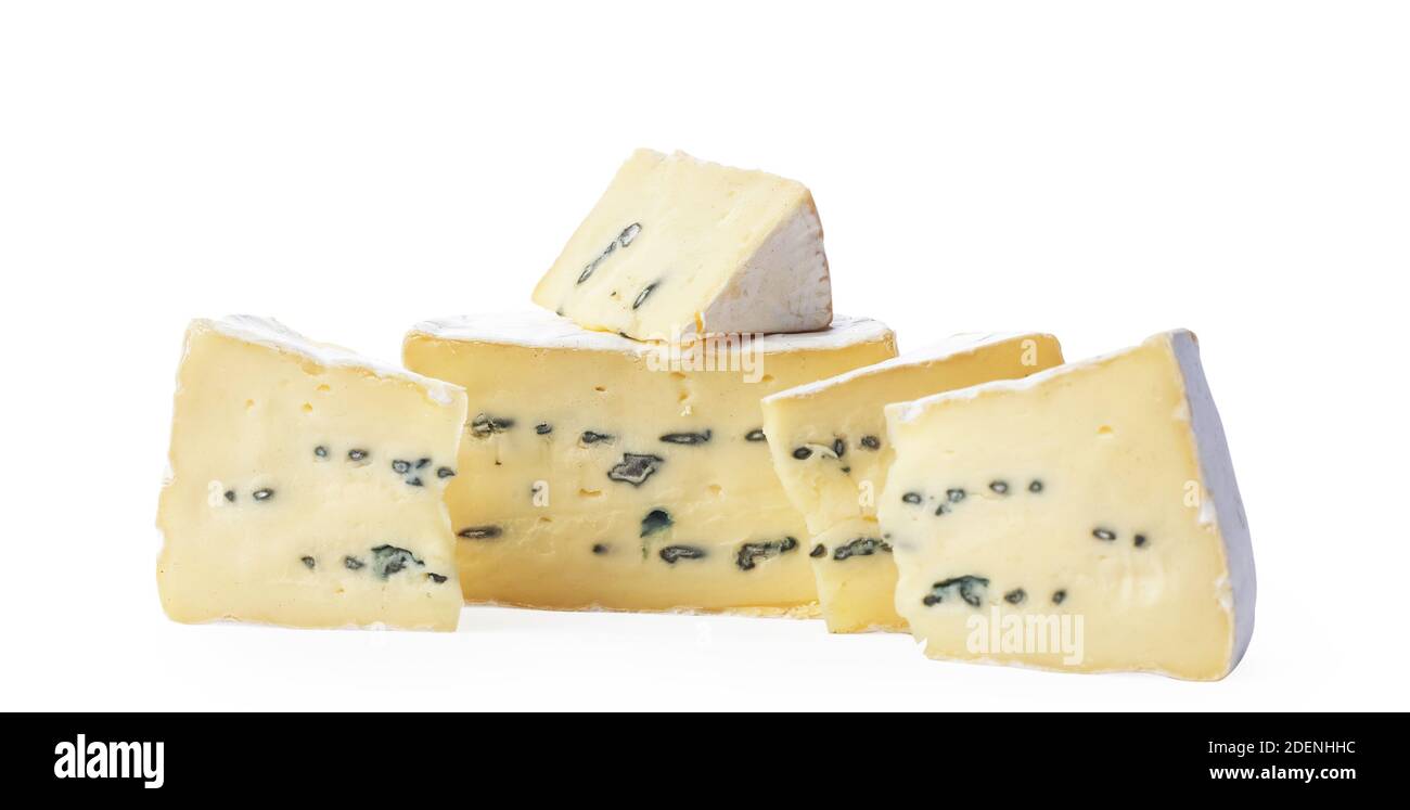 Camembert moldy cheese isolated on white background. Mixture of