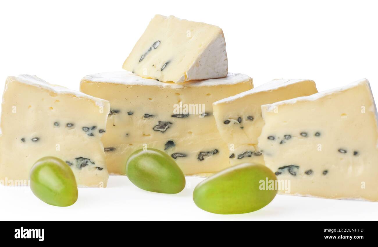 Camembert moldy cheese isolated on white background. Mixture of