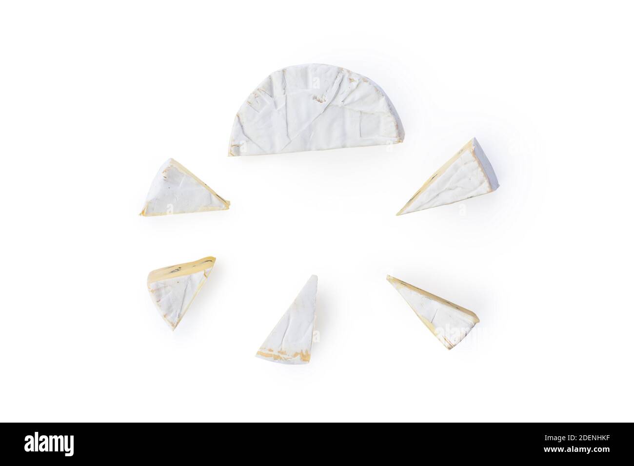 Camembert moldy cheese isolated on white background. Mixture of