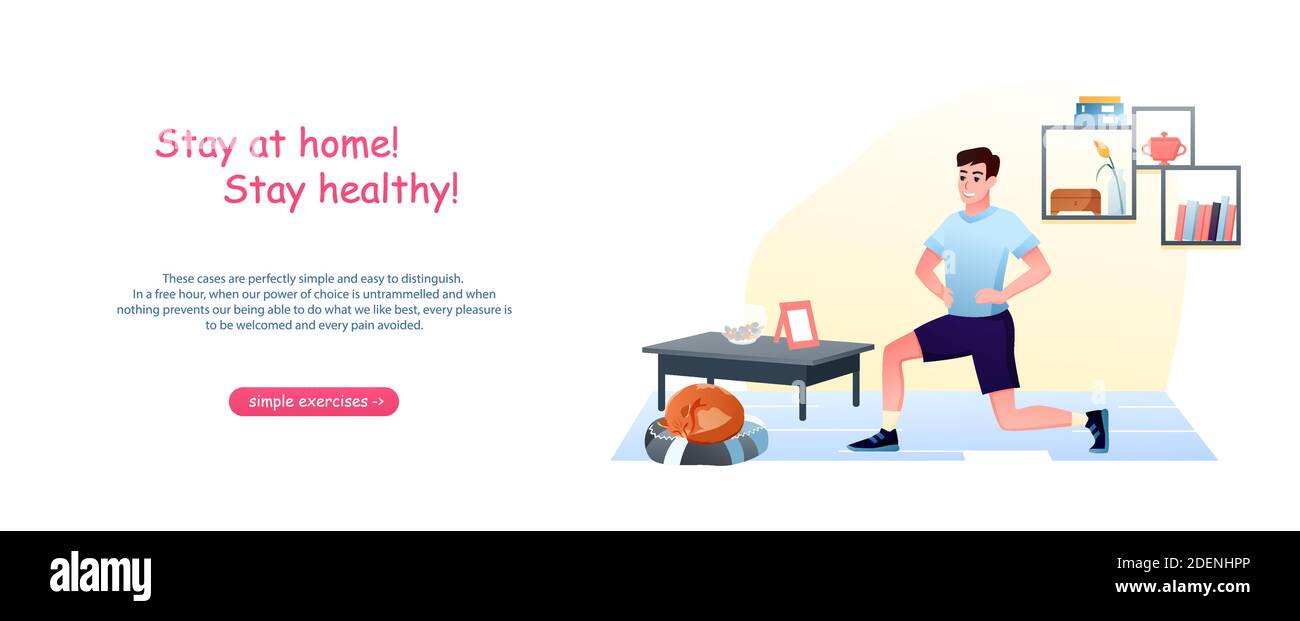 Young man doing sport exercises at home. Coronavirus outbreak concept background. Stay at home in quarantine for healthy sport workout vector Stock Vector