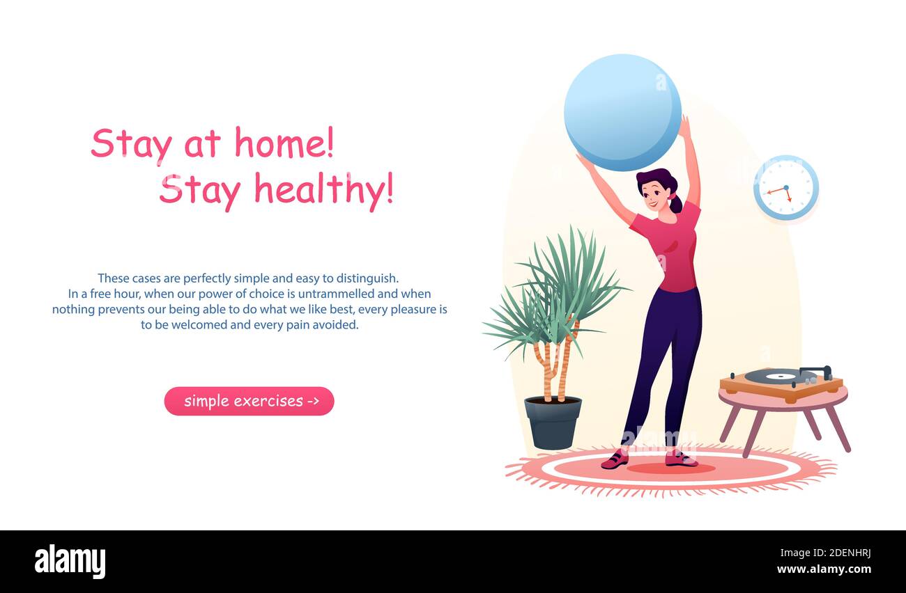 Cartoon woman active does sport exercises with ball at home. Coronavirus outbreak concept background. Stay at home in quarantine for healthy sport Stock Vector