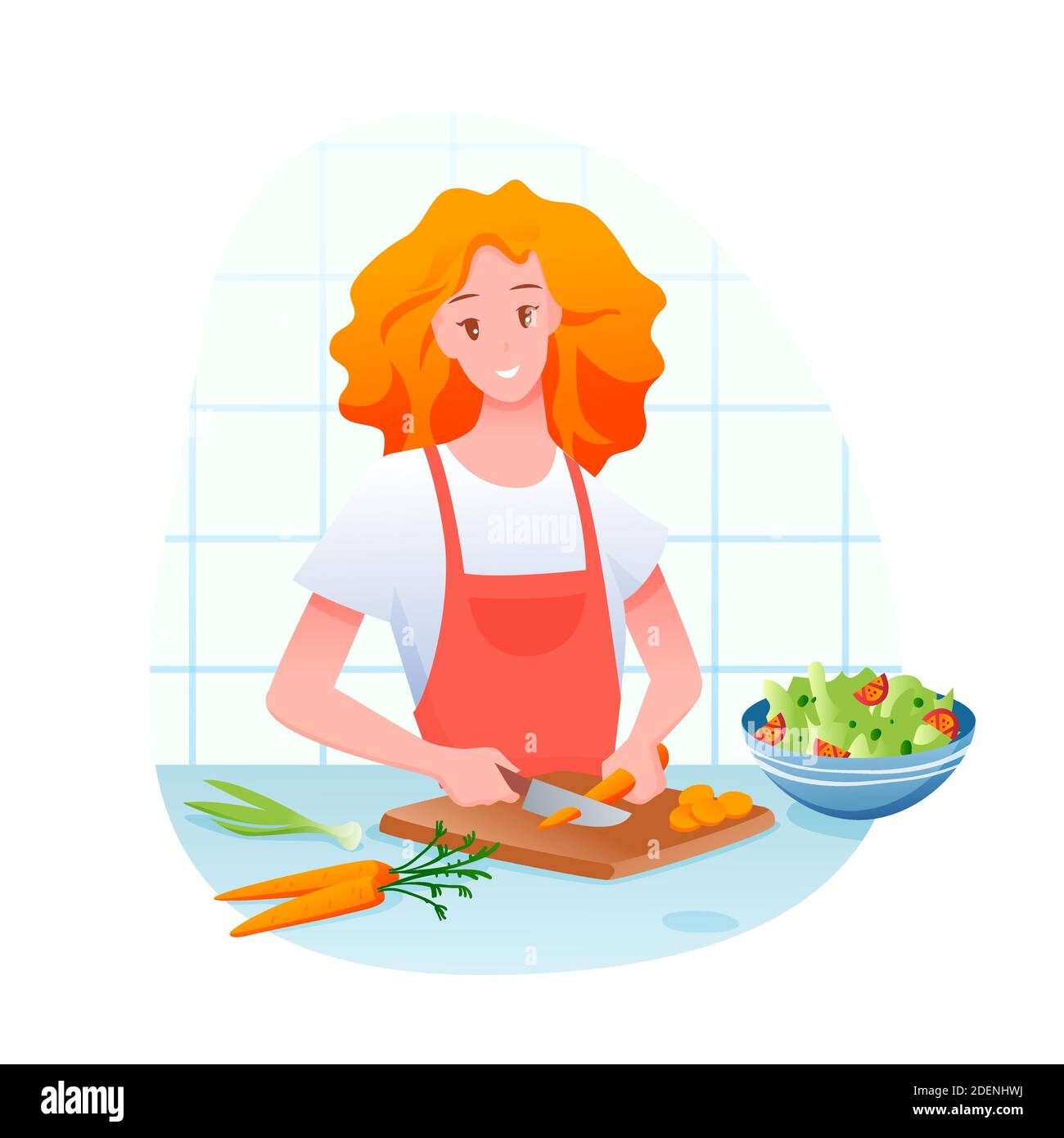Young girl cutting carrot, cooking green vegetable salad Stock Vector Image  & Art - Alamy