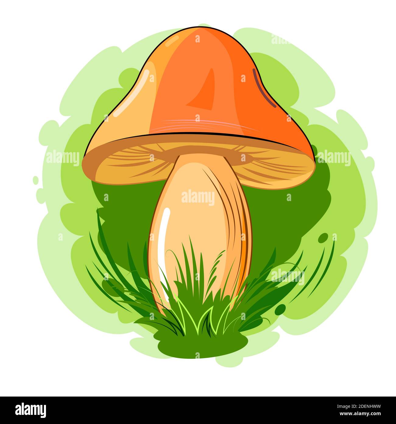 Orange mushroom on an abstract background. Picture. Vector isolated on white. Cartoon flat style. Beautiful little forest mushroom in the grass. Stock Vector