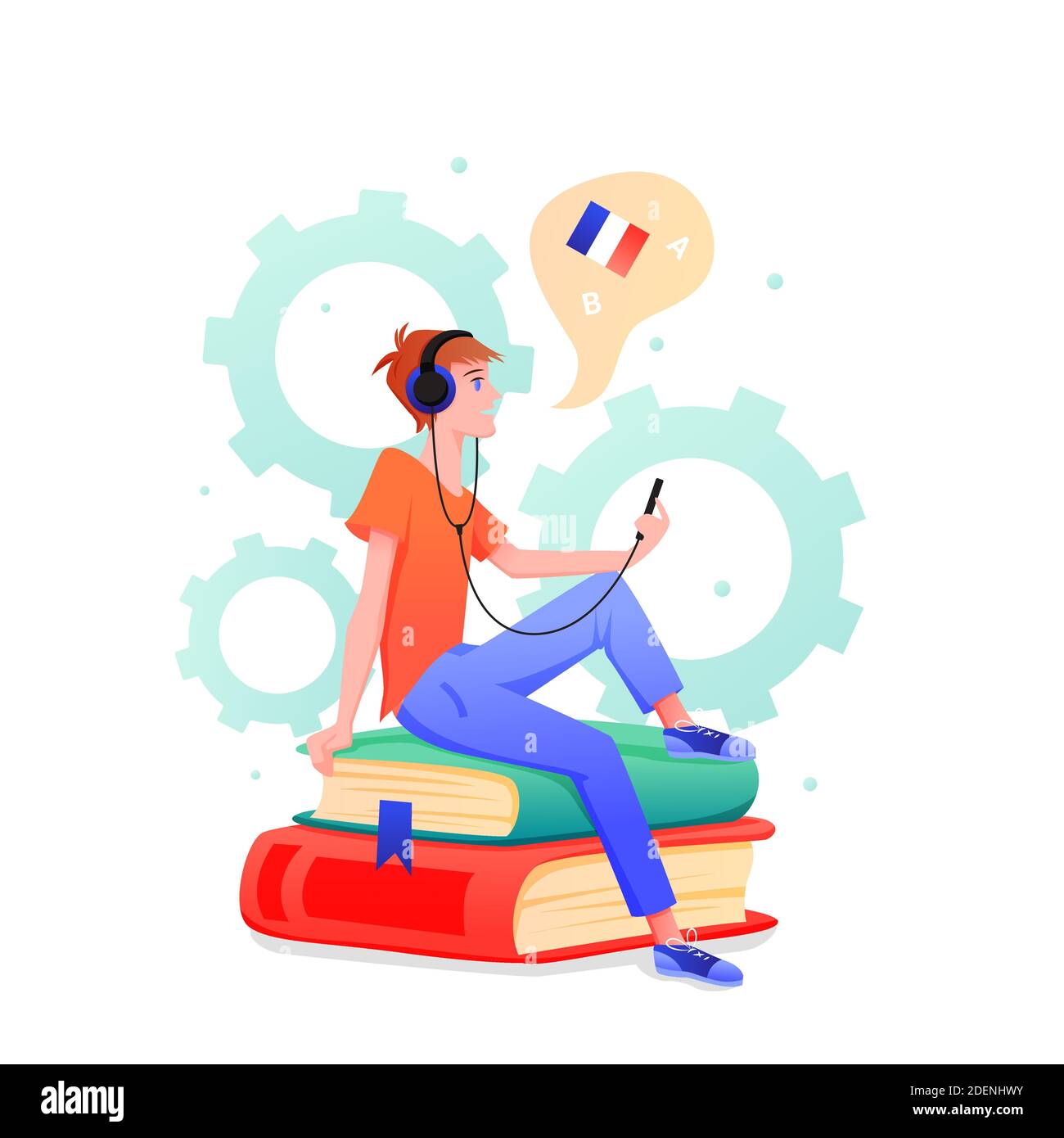 Young man learns foreign language in online course or school vector illustration. Cartoon teen student characters in headphones sitting on piles of Stock Vector