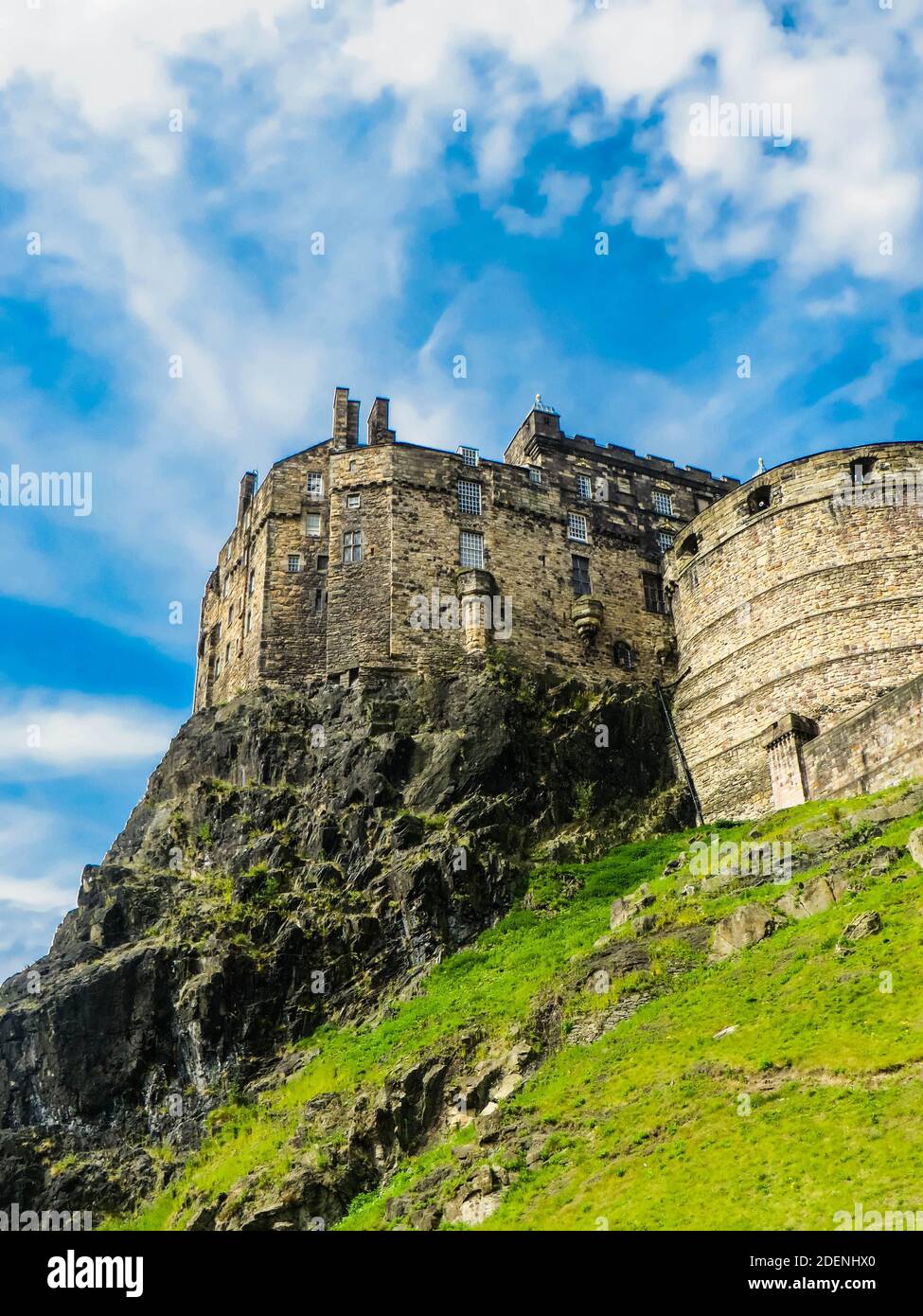 Edinburgh castle in summer. Low perspective during the anual celebrations. Stock Photo