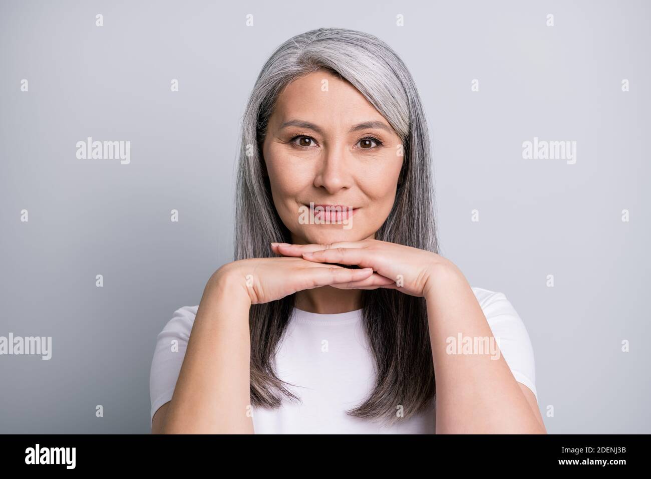 Photo portrait of elder beautiful woman with grey hair keeping hands near chin smiling isolated on grey color background Stock Photo