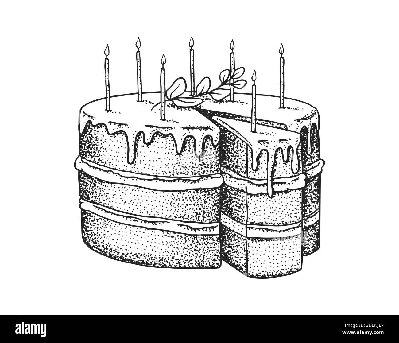 Birthday cake with candles. Fruit dessert or tart. Hand drawn bakery product. Celebratory Sweet Food. Vintage engraved sketch. Vector illustration for Stock Vector