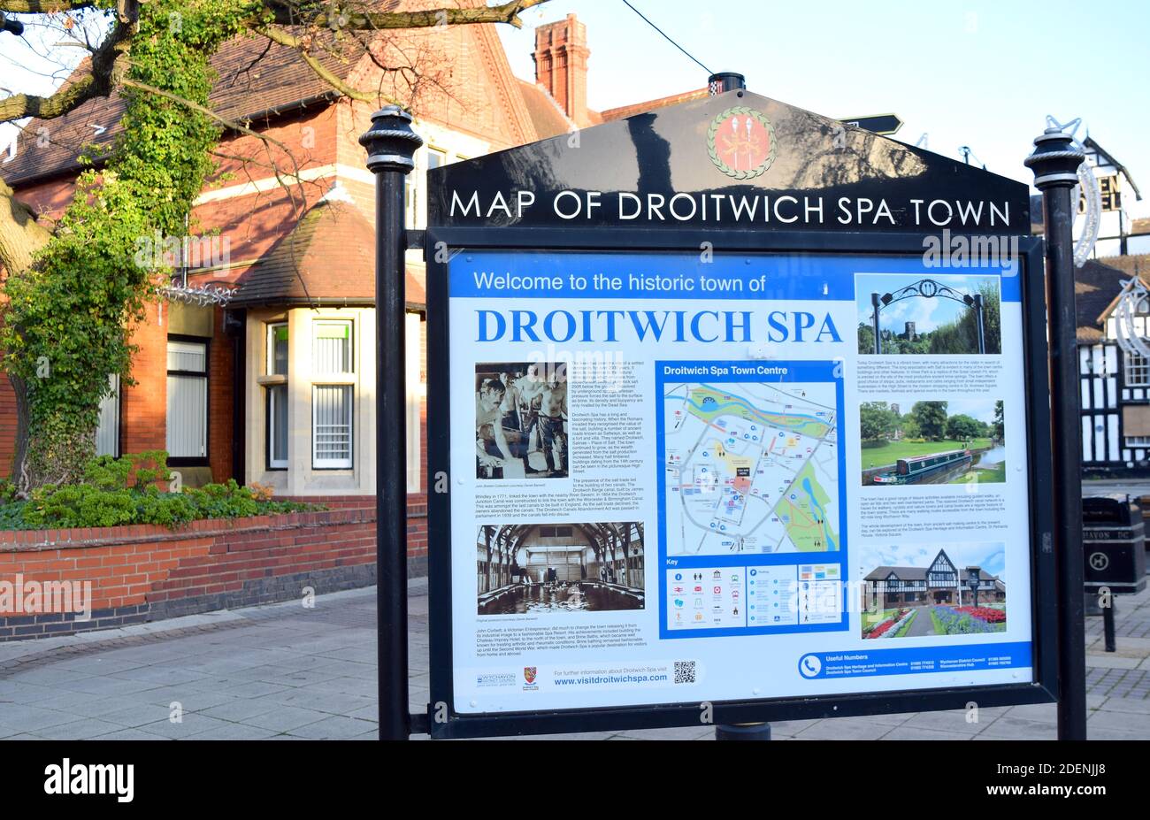 Street view with Droitwich Spa town map in town centre on a nice sunny day. Stock Photo