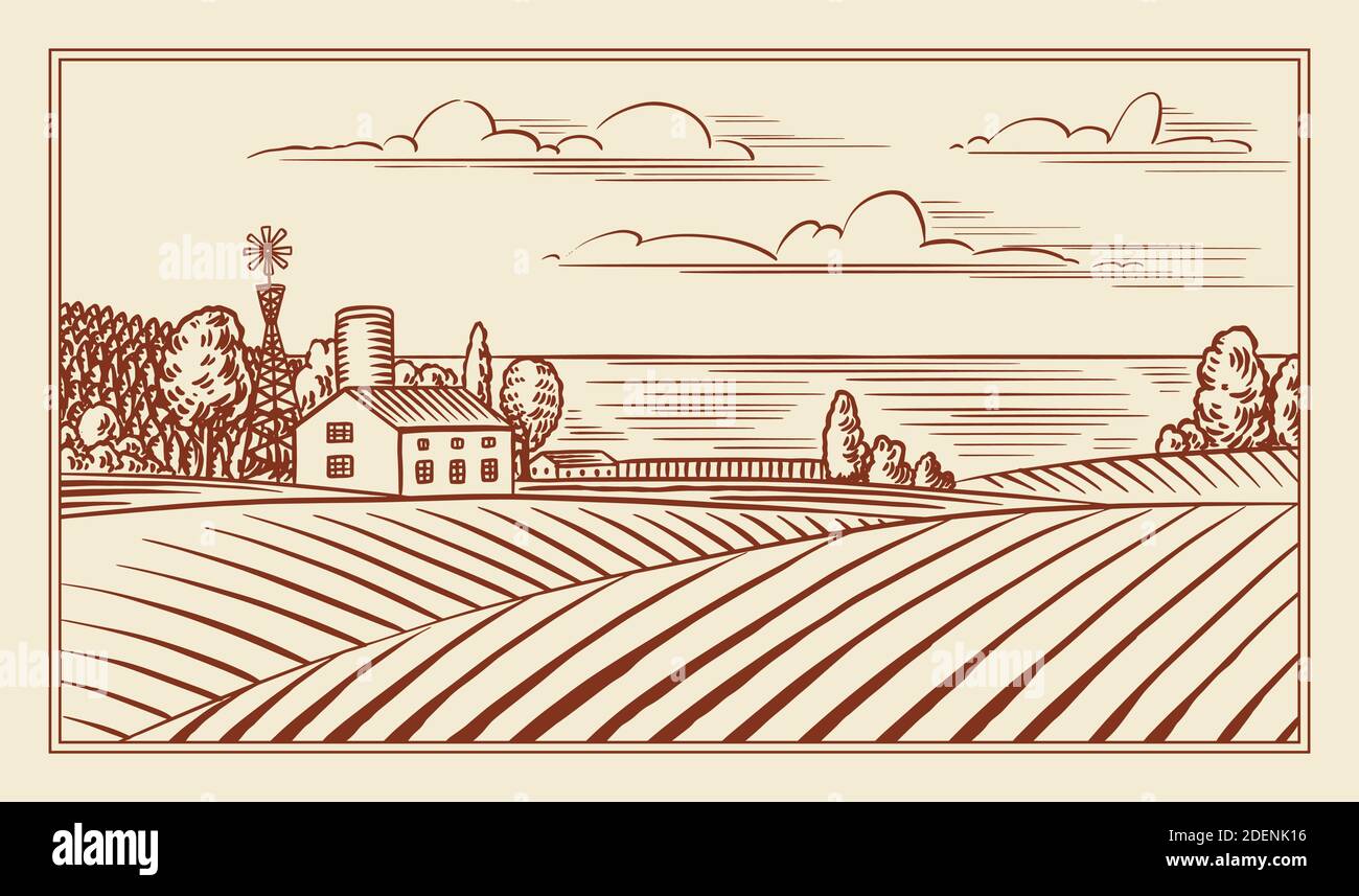 Rural meadow. A village landscape with hills and a farm. Sunny scenic ...