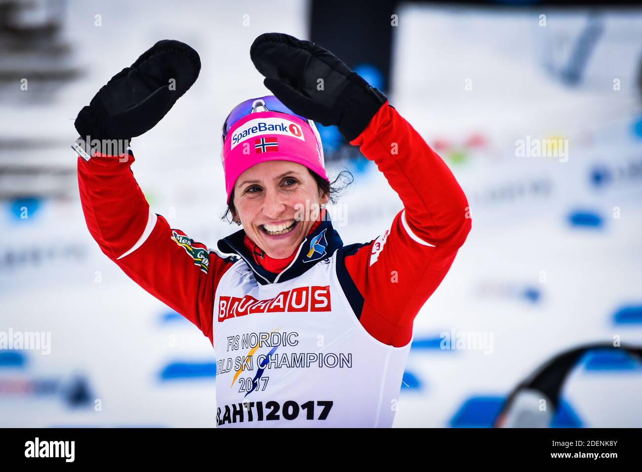 Marit Bjørgen (Bjoergen), Norwegian Women's Ski Team, after winning 10-K classic at the 2017 FIS World Nordic Ski Championships in Lahti, Finland. Stock Photo