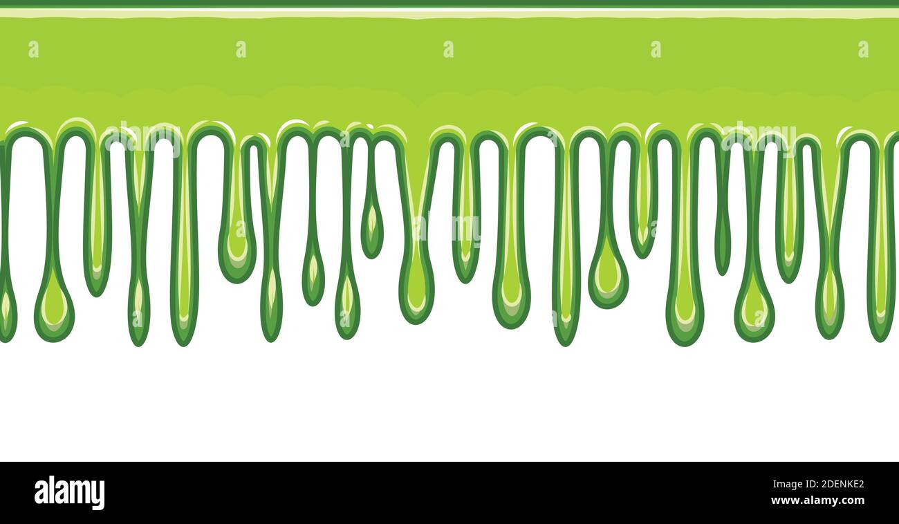 Flows of light green fluid. Thick flowing paint. Slime. The drops are slipping. The isolated object on a white background. Flat cartoon style. Shine Stock Vector