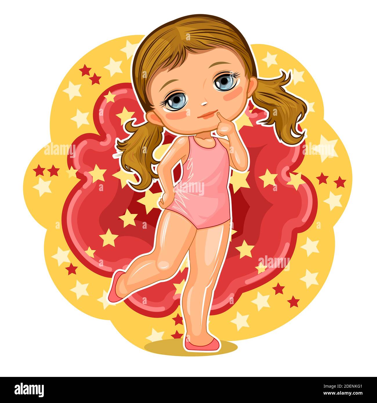 Cute little girl in a swimsuit. Cheerful funny child in a good mood. The isolated object on a white background. Young baby in beachwear. Cartoon flat Stock Vector