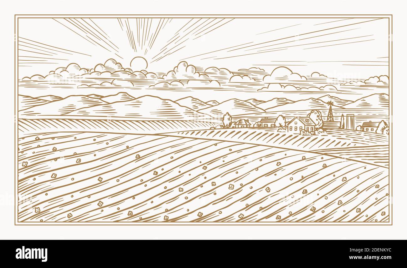 Rural meadow. A village landscape with hills and a farm. Sunny scenic ...