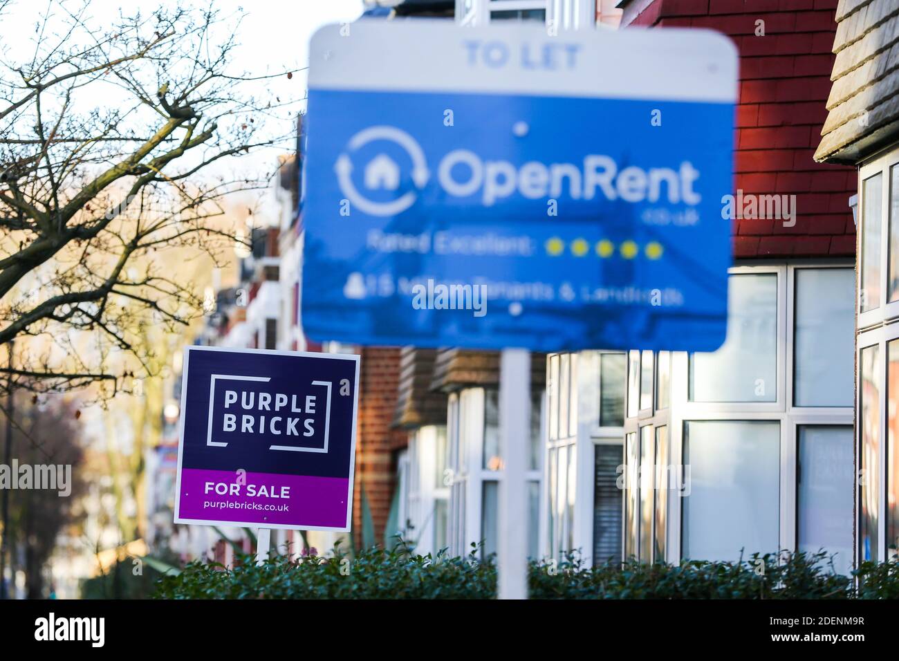 A Purple Bricks' ÔFor Sale' board sign erected outside a property in