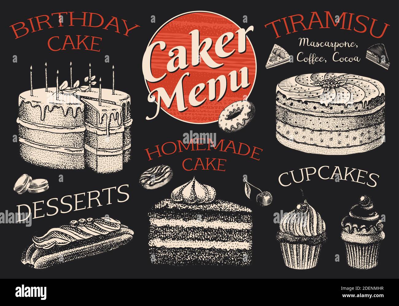 Cake menu. Hand drawn bakery product. Sweet Food on chalkboard. Vintage ...