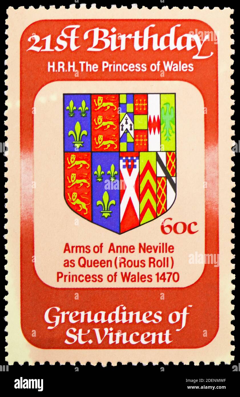 MOSCOW, RUSSIA - JUNE 28, 2020: Postage stamp printed in Saint Vincent Grenadines shows Arms of Anne Neville, Princess Diana's 21st Birthday serie, ci Stock Photo