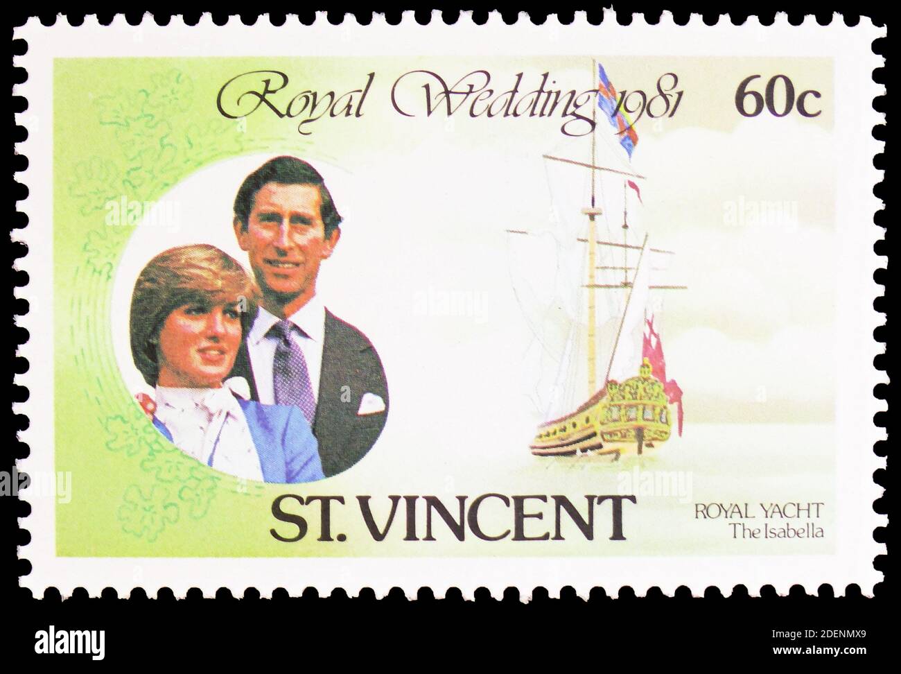 MOSCOW, RUSSIA - JUNE 28, 2020: Postage stamp printed in Saint Vincent and the Grenadines shows Royal couple and yacht Isabella, Royal Wedding serie, Stock Photo