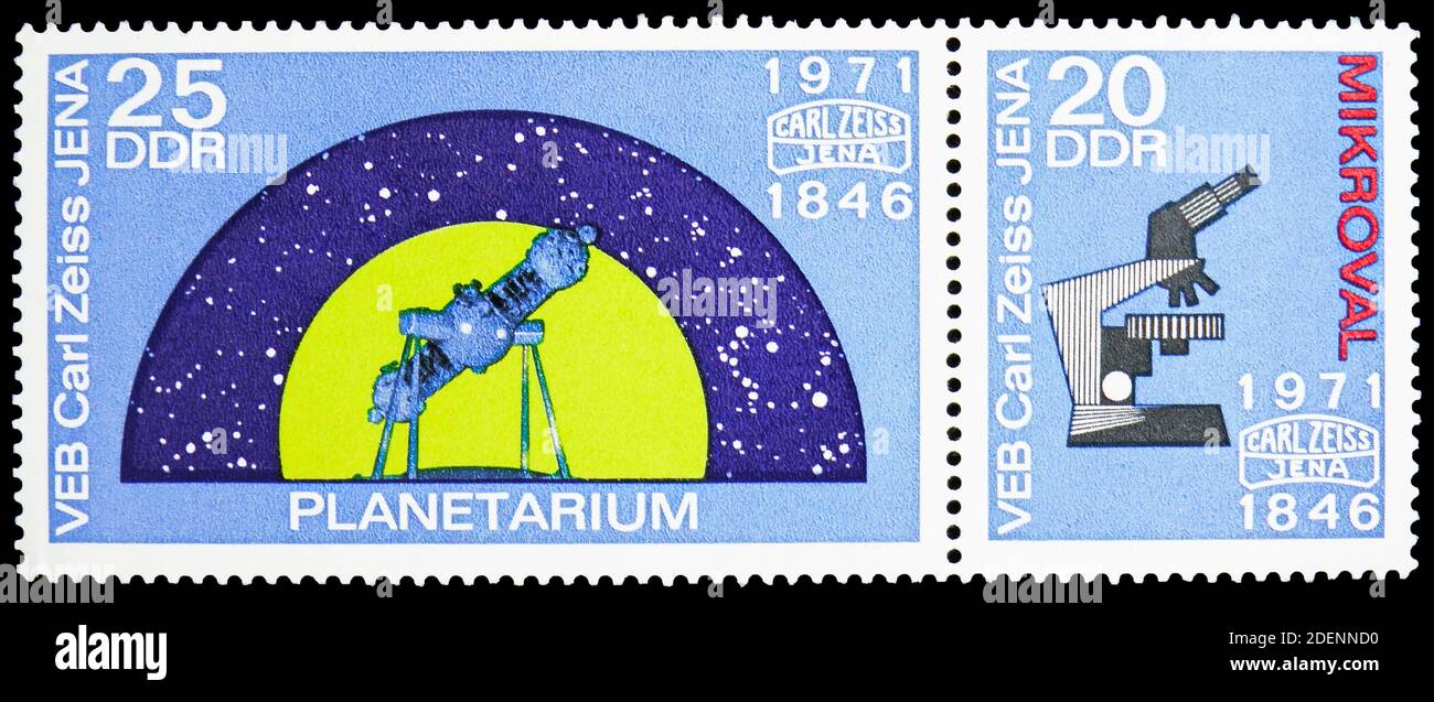 MOSCOW, RUSSIA - JUNE 28, 2020: Two postage stamps printed in Germany shows  Space flight planetarium and Microscope "ERGAVAL", 125 Jahre Carl Zeiss Je  Stock Photo - Alamy