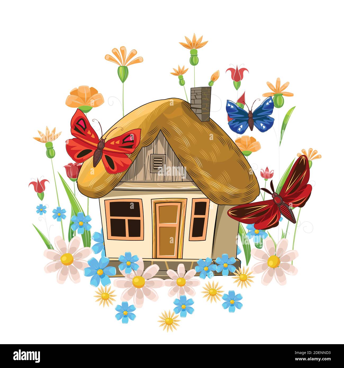 Old house with a thatched roof. Fabulous cartoon object. Cute childish style. Ancient dwelling. Tiny, small. Against the background of flowers and Stock Vector